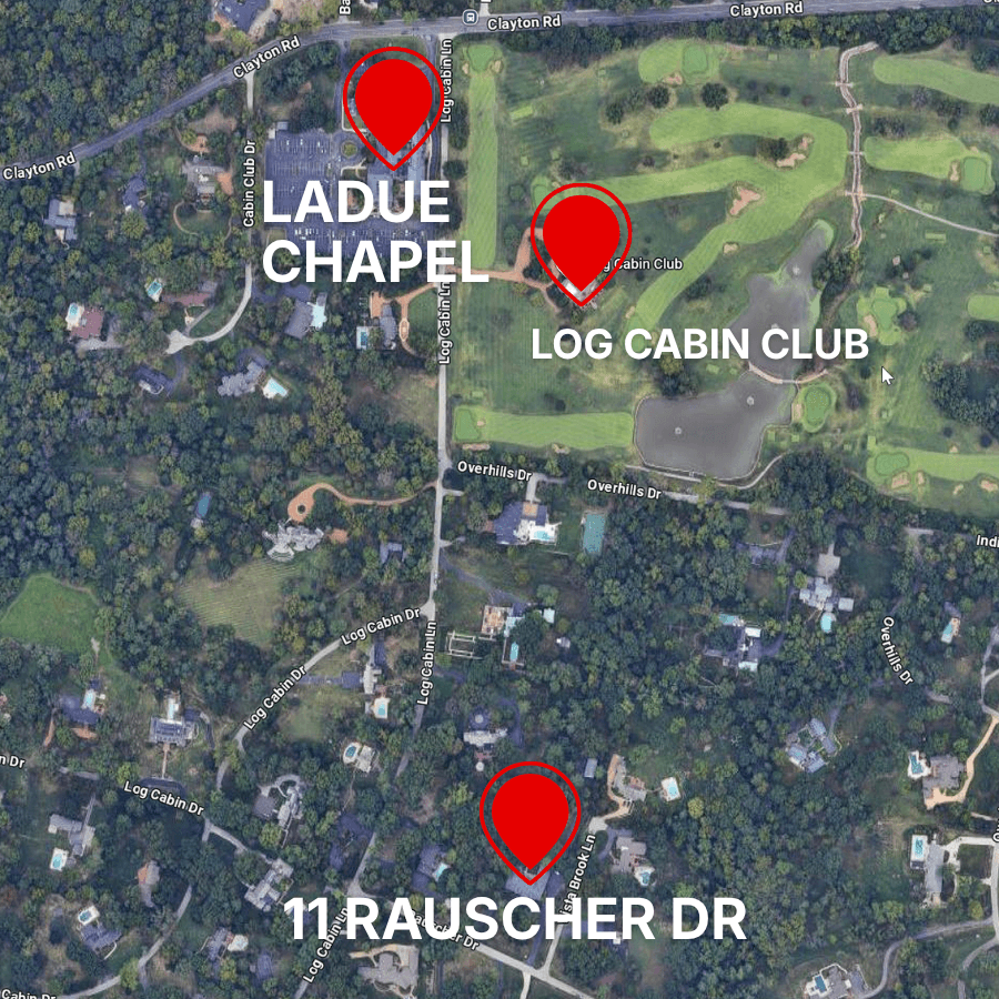 Aerial map showing 11 Rauscher Drive relative to Ladue Chapel and Log Cabin Club